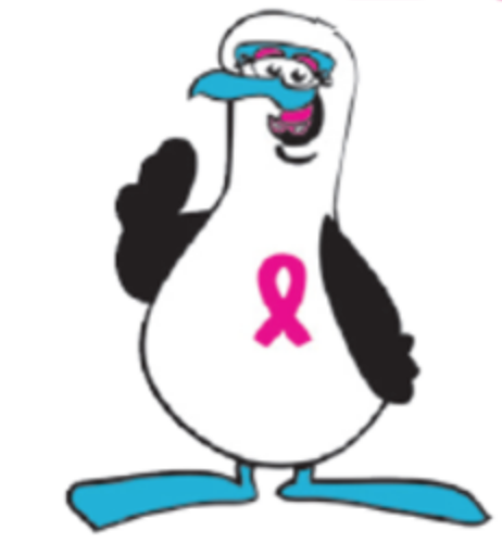 Booyby Bolt Bird wearing pink ribbon in support